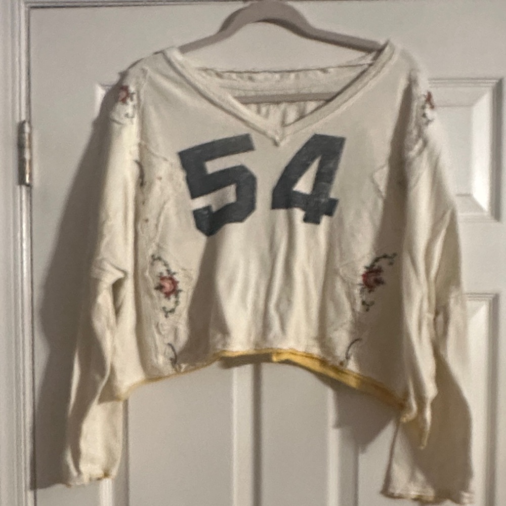Free People Cream Cropped V-Neck Top with Navy '54' and Floral Embroidery